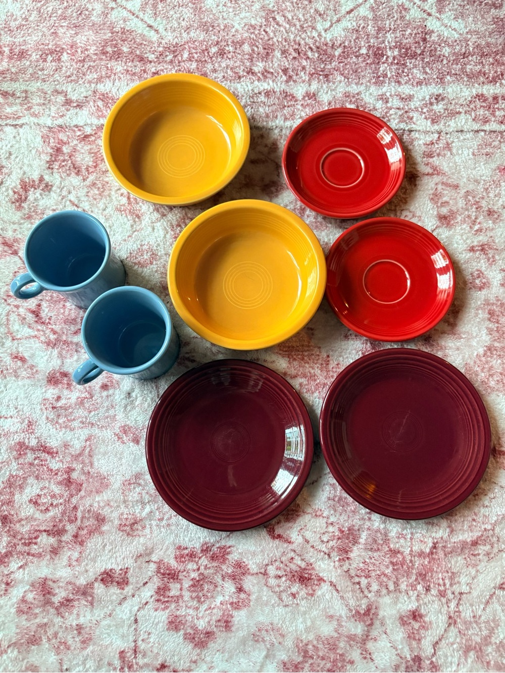 Fiestaware Bright Mixed Color Dinnerware Set - periwinkle, Yellow, Red, claret